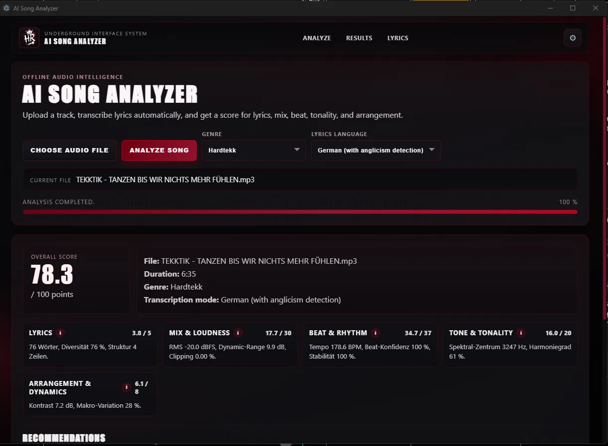 Music Analyzer Oberfläche - Analysebereich