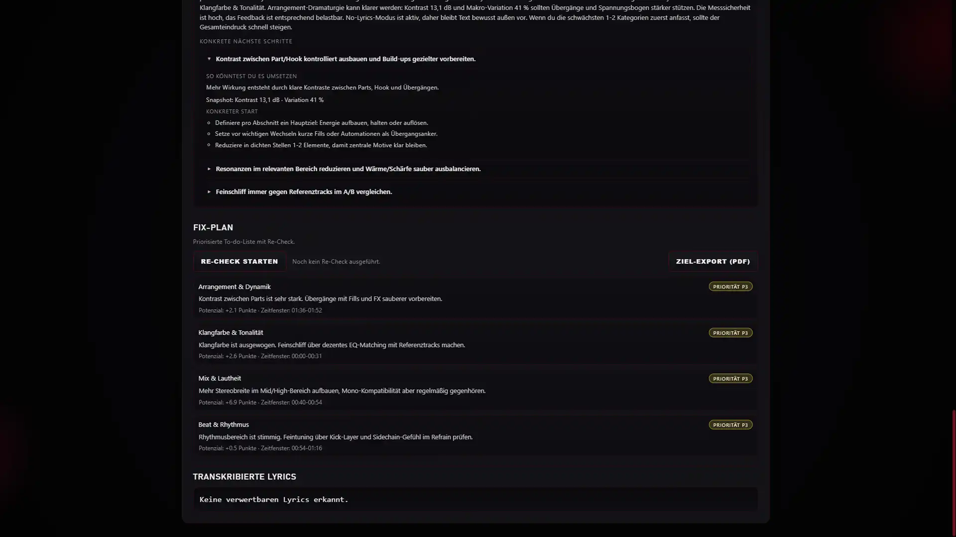 Music Analyzer Oberfläche - Prioritätenliste