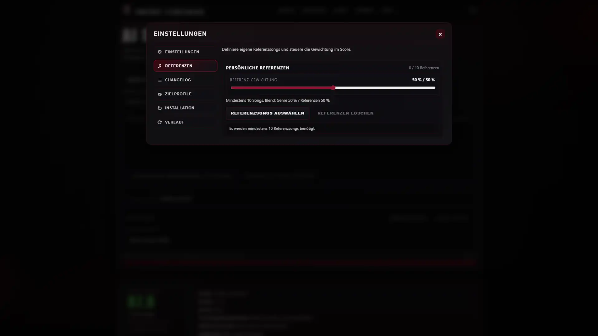 Music Analyzer Oberfläche - Referenz-Einstellungen