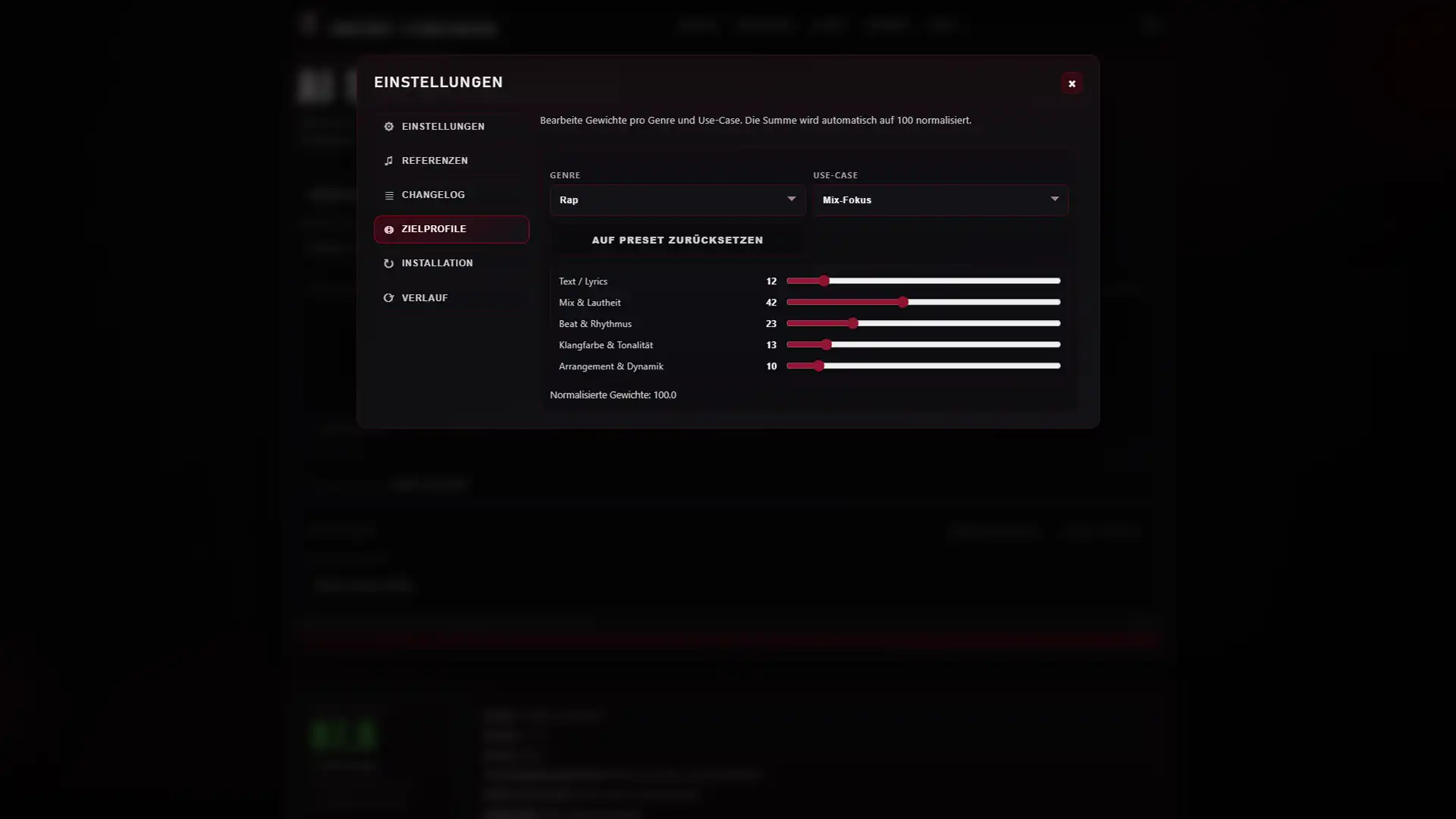 Music Analyzer Oberfläche - Kategorien-Gewichtung